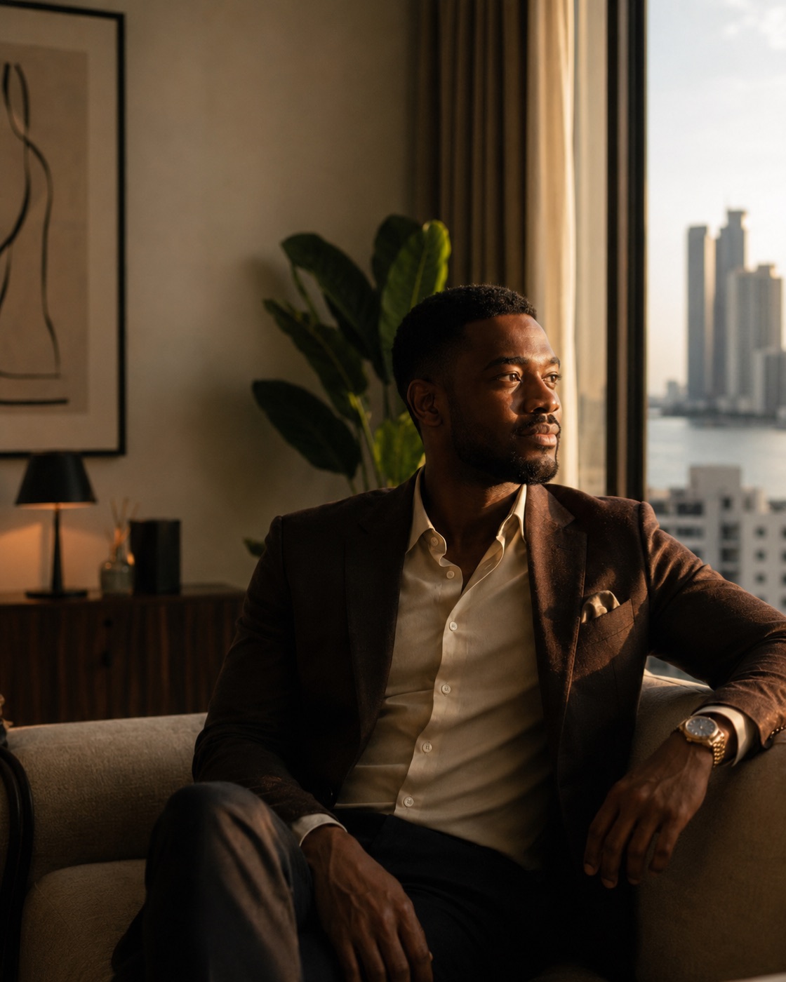 A young professional at home in Lagos at golden hour, the city skyline beyond the window