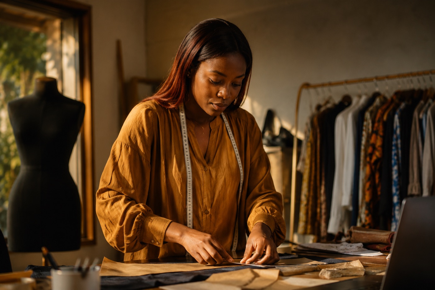 A Lagos fashion designer at work in her studio
